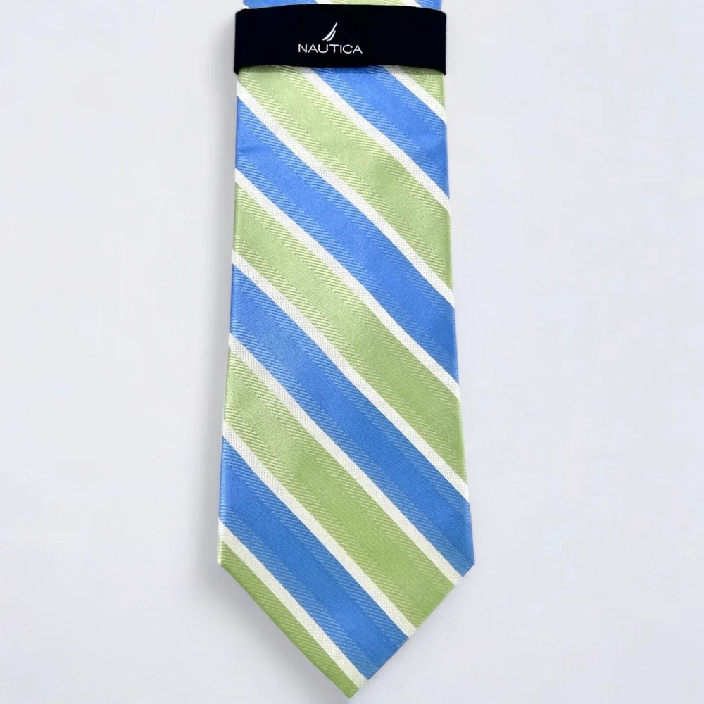 Nautica Necktie Adult Blue Green White Striped 100% Silk Repp Tie NEW